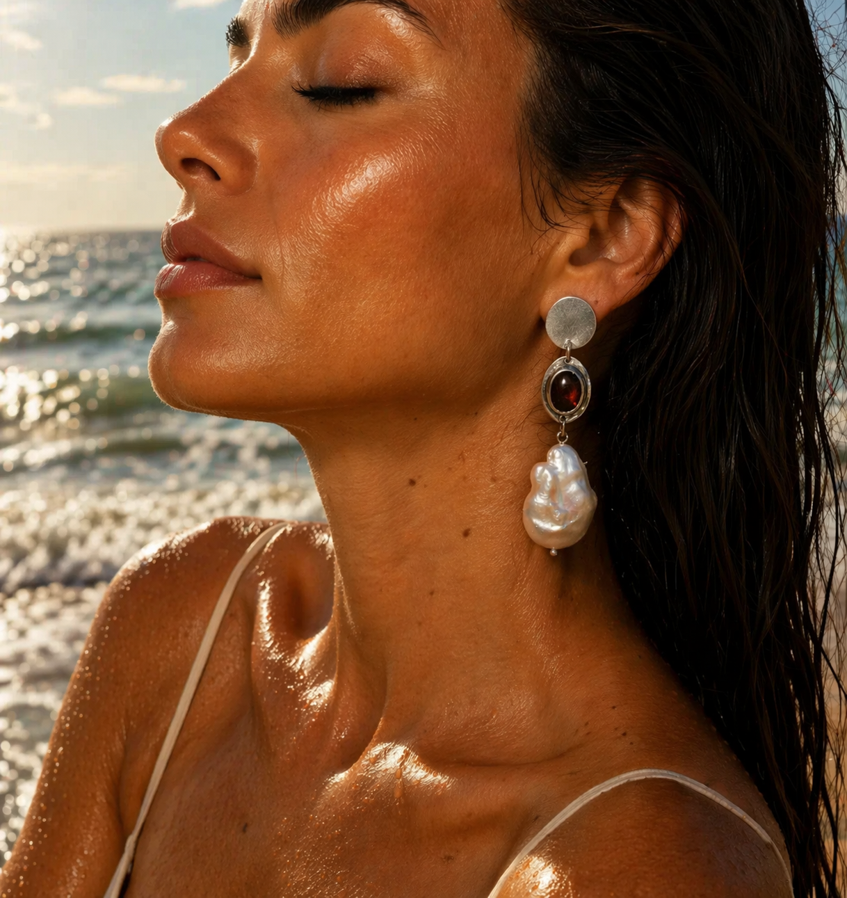 Pearls, Amber & Sterling silver Earrings
