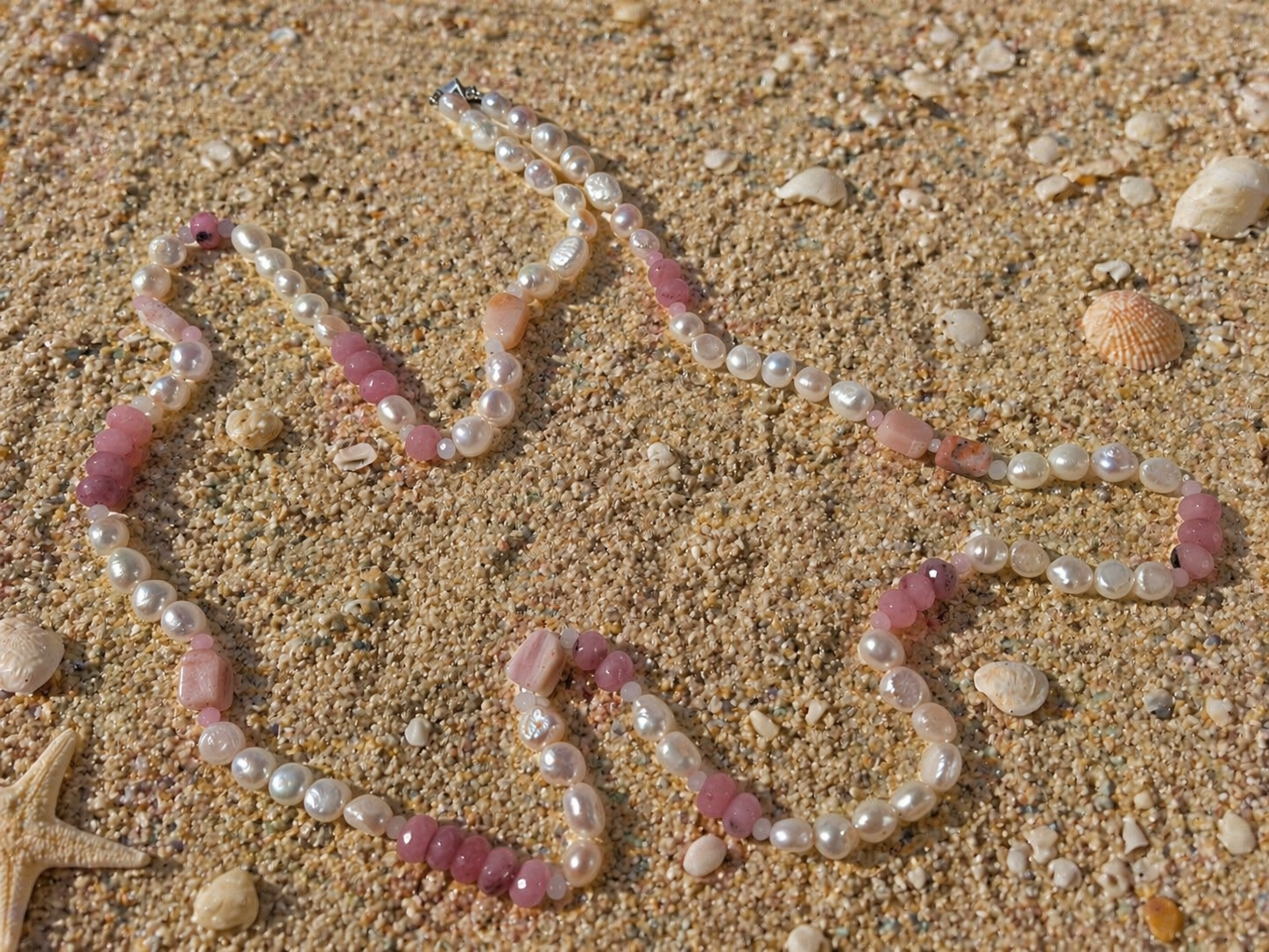 Rose Quartz, pink opal and pearls long necklace